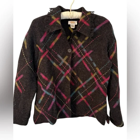 Talbots Jacket – 100% Wool Plaid Button Front – Charcoal Multicolor – Petites L - Picture 1 of 7